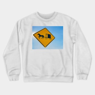 Amish traditional horse and buggy road sign yellow on blue background Crewneck Sweatshirt